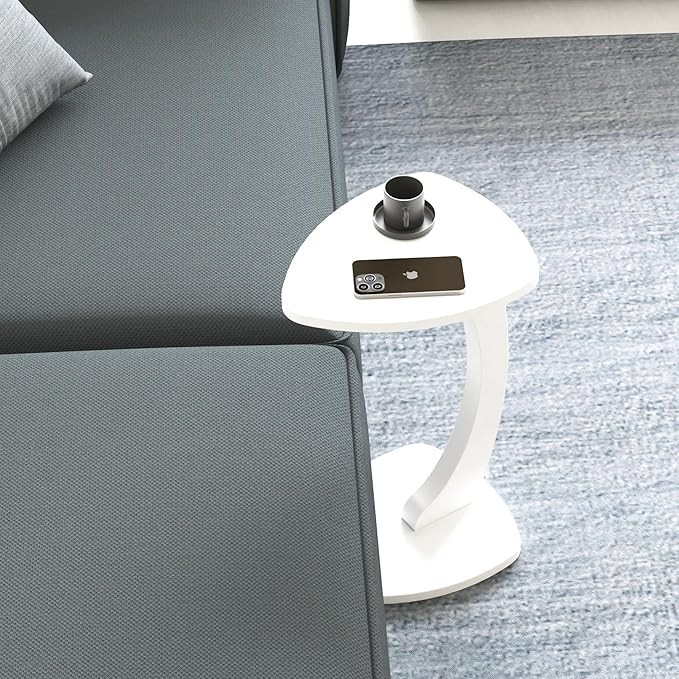 C Shaped Triangular Top Design Table for Couch Small Places, Space Saver Sheild Shape Side Table for Sofa and Bedside with Wheels, Coffee and Eating Snack Time Tray for Living Room, Office (White)