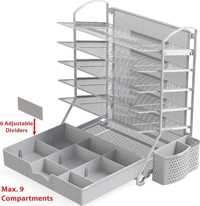 Simple Houseware 6-Tier Desk Document File Tray Organizer with Sliding Drawer, Silver