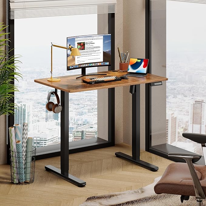 DEVAISE 40 Inch Electric Standing Desk, Adjustable Computer Desk for Home Office, Ergonomic Sit to Stand Desk with LED Touchscreen，Headphone Hook, 3 Memory Preset, with Split Top, Rustic Brown