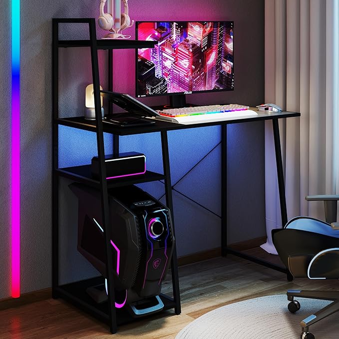 Tangkula Computer Desk with Shelves, Space Saving Home Office Desk with 3-Tier Ladder Shaped Storage Bookshelf, Modern Writing Study Desk with Metal Frame, Compact Computer Workstation (Black)