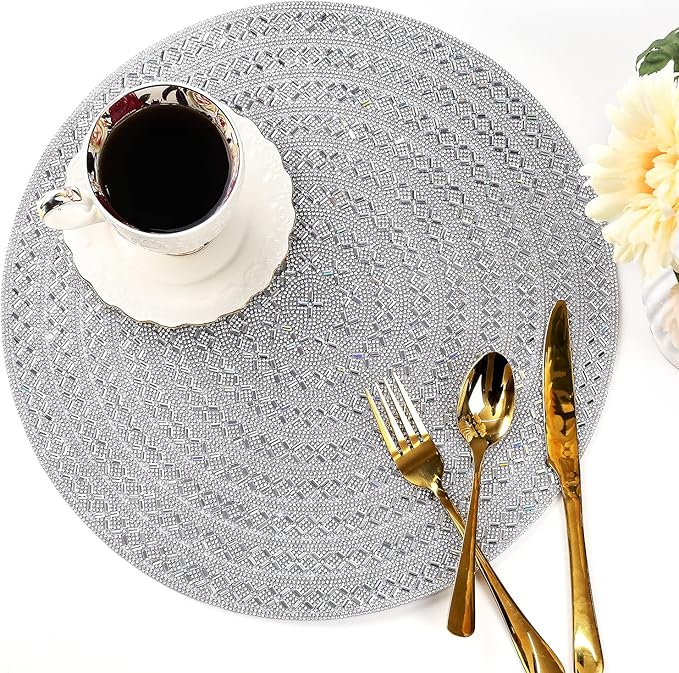 Round Placemat, Heat Resistant Table Place Mat for Dining Table 15 inch Anti-Slip Tablescapes Decorations Sparkling Bling Rhinestones Mat Silver Placemat (Silver-X-Pattern, 4PCS)