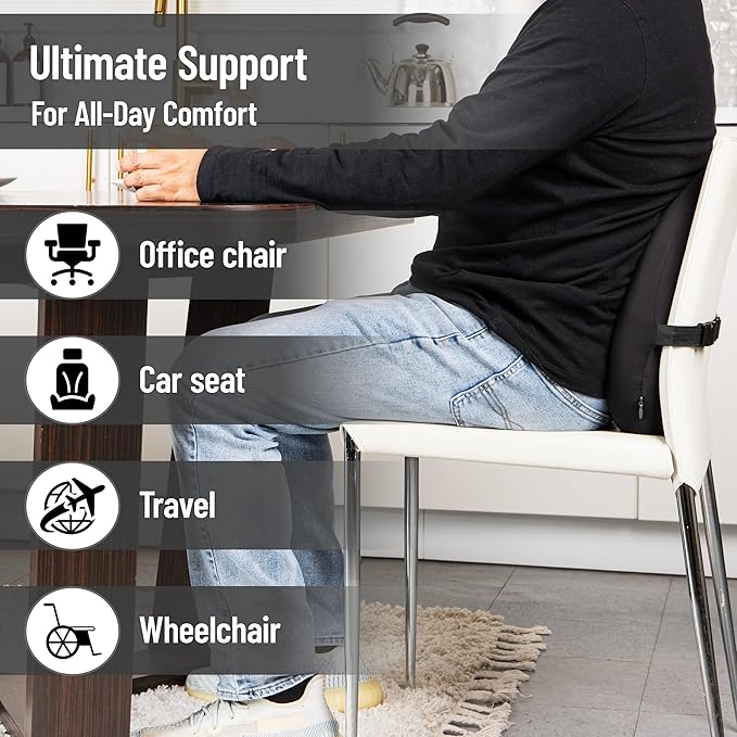 Mind Reader Lumbar Support Pillow with Air-Cloud Technology, Office Chair Back Cushion, Memory Foam, Black
