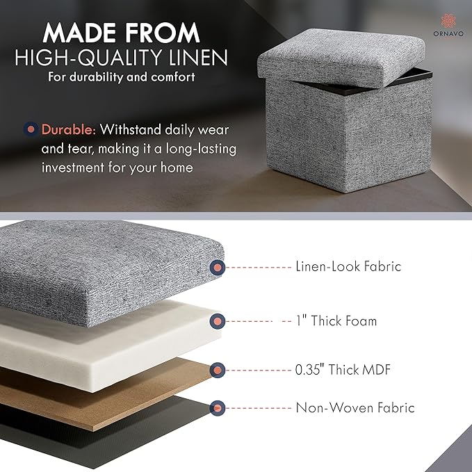 Ornavo Home Small Storage Ottoman, Set of 2 Foldable Collapsible Cube Square Linen Ottoman Foot Rest Stool Seat, for Living Room, Bedroom, Home Office, Dorm - 12 x 12 x 12, Gray
