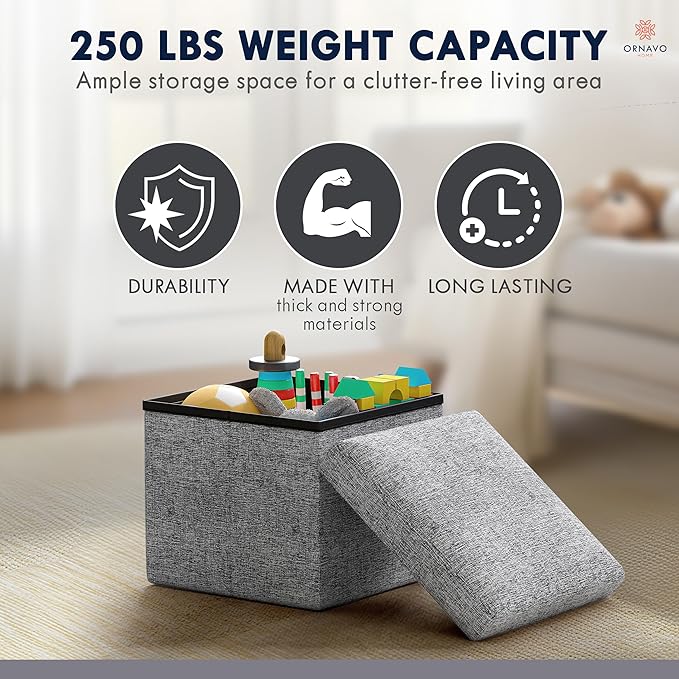 Ornavo Home Small Storage Ottoman, Set of 2 Foldable Collapsible Cube Square Linen Ottoman Foot Rest Stool Seat, for Living Room, Bedroom, Home Office, Dorm - 12 x 12 x 12, Gray