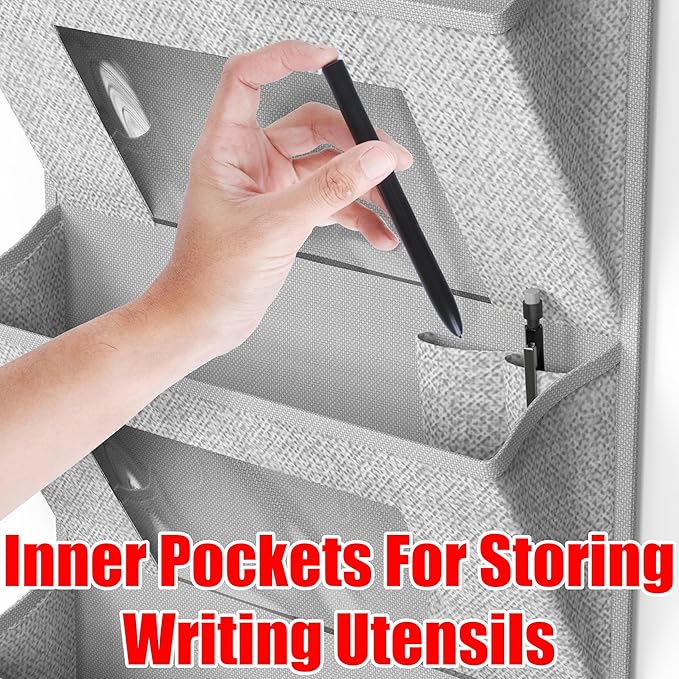 Simple Houseware Over the Door Hanging Wall File Organizer, 4 Clear Window Pocket File Holder with 13" Width for Office Supplies Storage, Grey