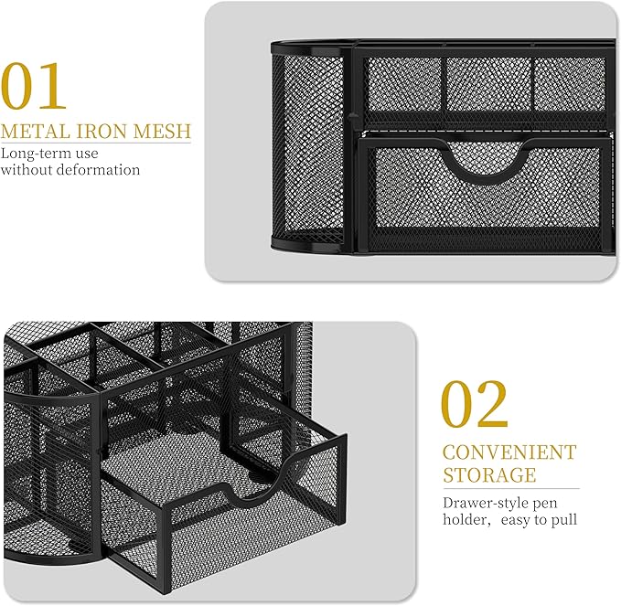 SUPEASY Mesh Desk Organizer, Desk Accessories & Workspace Organizers with Drawers, Pencil Holder for Desk with 9 Compartments for Office Supplies, School, Classroom, 8.6 x 4.3 x 4.1 Inch, Black