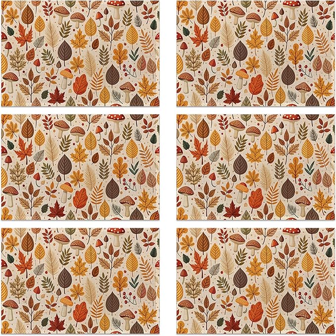 Halloween Autumn Tropical Leaves Linen Placemats Set of 6, Decorative Table Mats 12x18 Inch, Washable Heat Resistant Placemats for Dining Table Kitchen Home Decor