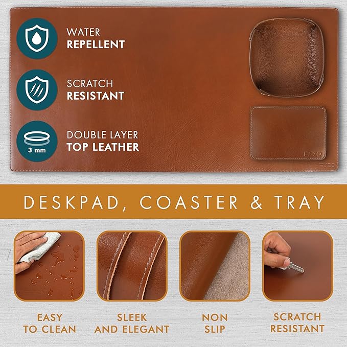 ELIZO Leather Desk Pad Real Leather Desk Mat Thick (3mm) Double Layer (31x15.6) Cover Blotter Desk Protector Large Computer Mat for Keyboard Mouse Pad Table Laptop Mat Office Accessories - Camel