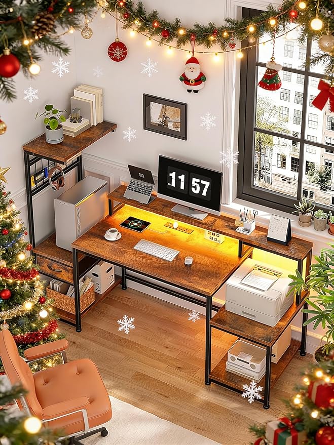 DurayLoly 63" Computer Desk with LED Lights & Outlets,Office Desk with Drawers & Monitor Stand,Gaming Desk with 3 Storage Shelves, Hooks& Printer Space for Game&Study Room,Home Office,Bedroom,Brown