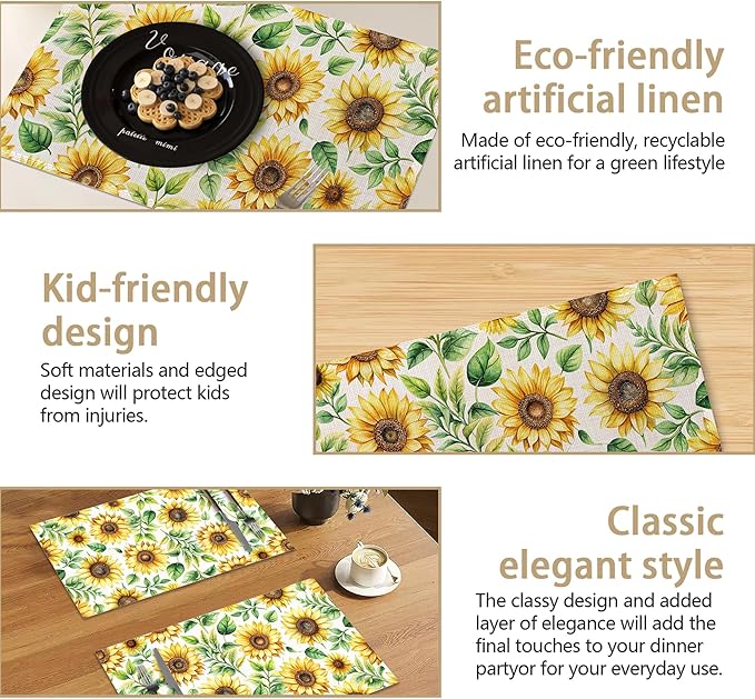 Watercolor Sunflower Linen Placemats Set of 6, Decorative Table Mats 12x18 Inch, Washable Heat Resistant Placemats for Dining Table Kitchen Home Decor