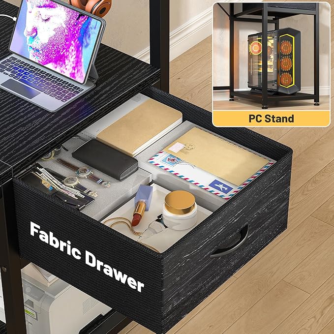 EnHomee 48" Gaming Desk with LED Lights & Power Outlets, Home Office Desk with Monitor Stand, Computer Desk with Drawer & Storage Shelves for Living Room, Study Room, Gaming Room, Black