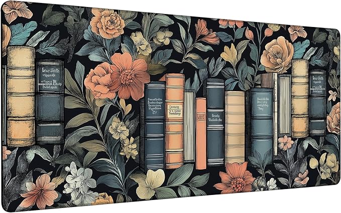 Books and Flowers Mouse Pad,35.4 x 15.7 Inch Large Mouse Mat Non-Slip Rubber Stitched Edges for Writing Desk,Office,Home,Laptop