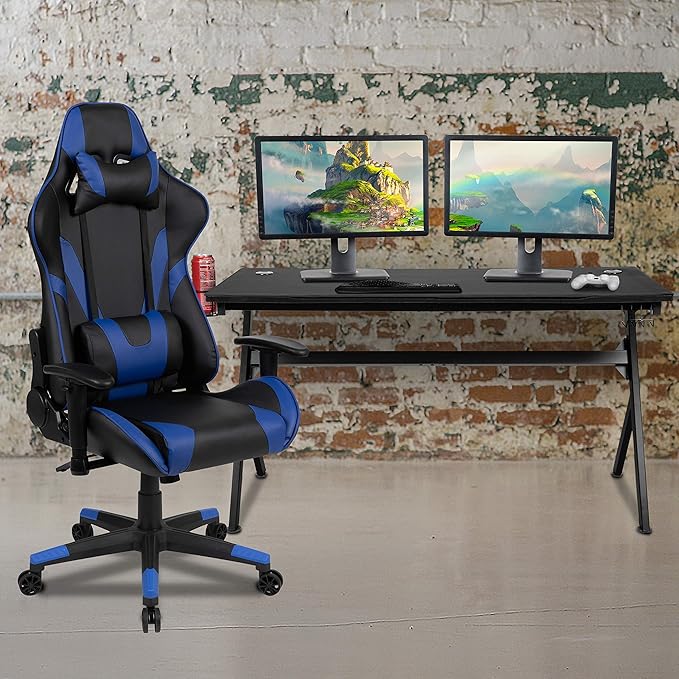 EMMA + OLIVER Black/Blue Gaming Desk Bundle - Cup/Headset Holder/Mouse Pad Top