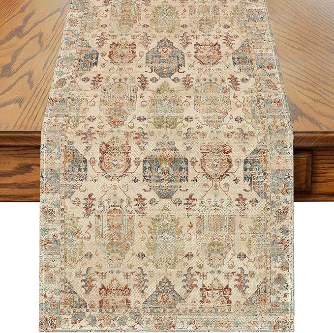 Boho Floral Beige Table Runner,Vintage Elegant Farmhouse Table Center Linen Decor,Country Rustic Farmhouse Magical Fall Kitchen Dining Table Decoration for Home Dining Party Decor 13x108 Inch
