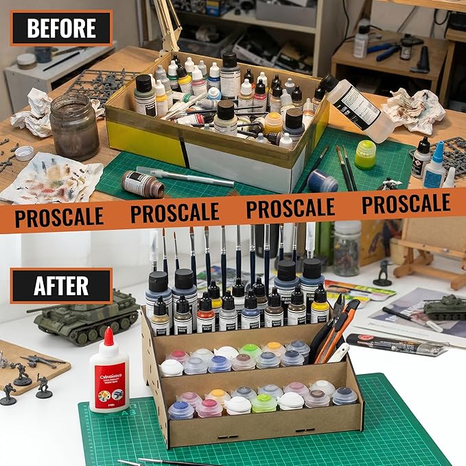 PROSCALE Universal Paint Organizer Rack for Miniatures Modeling Paint Holder for all kind of Bottles + Brush/Tool Slots Compatible with Citadel, Vallejo, Army Painter, Tamiya, others (Module B)