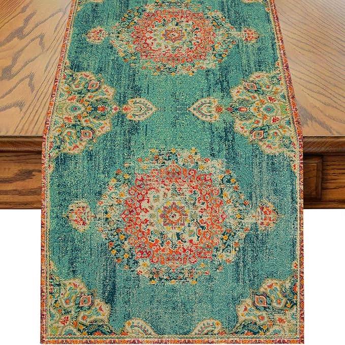 Boho Green-Red Table Runner,Vintage Elegant Farmhouse Table Center Linen Decor,Country Rustic Farmhouse Magical Fall Kitchen Dining Table Decoration for Home Dining Party Decor 13x108 Inch