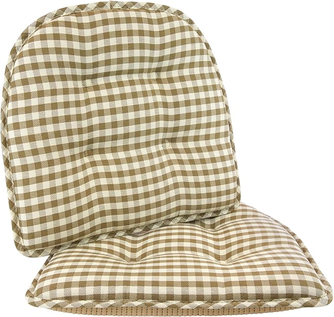 Klear Vu Omega Non-Slip Chair Cushions, Assembled in USA, U-Shaped Skid-Proof Seat Pads for Dining Room, Kitchen, Office, 15"x16" 2 Pack Gingham Natural 2 Count