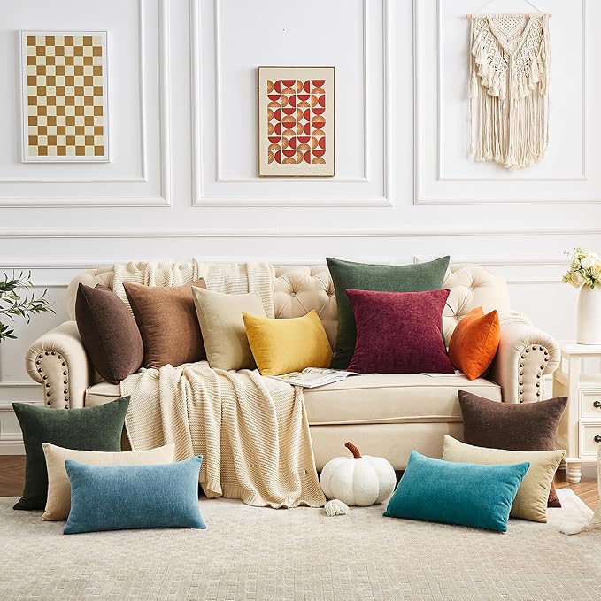 GAWAMAY Decorative Chenille Throw Pillow Covers 26x26 Inch Pack of 2, Soft Square Couch Pillow Cover for Sofa Cushion Living Room Bedroom Solid Dyed Oversized Pillowcases Khaki 66x66cm (ONLY Covers)