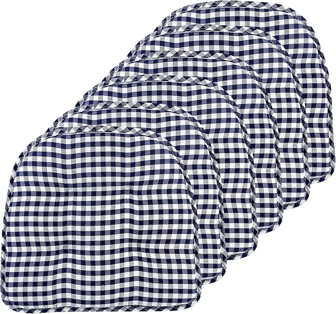 Klear Vu Omega Non-Slip Chair Cushions, Assembled in USA, U-Shaped Skid-Proof Seat Pads for Dining Room, Kitchen, Office, 15"x16", 6 Pack, Gingham Navy