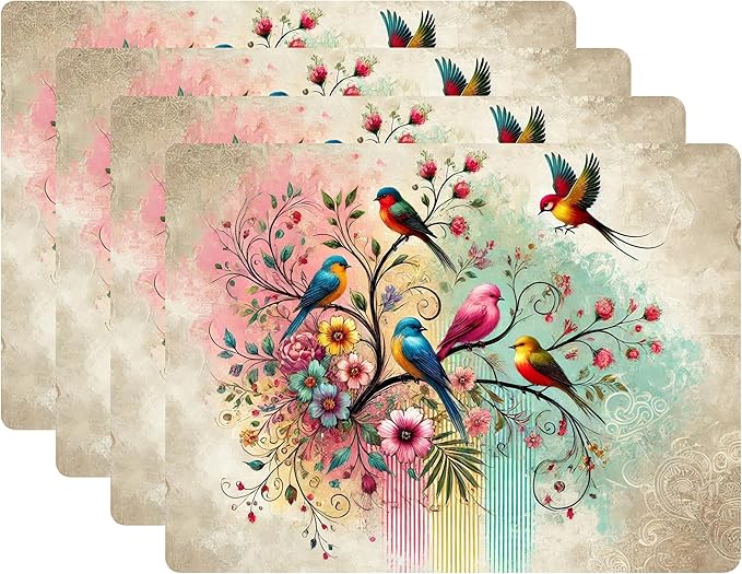 Set of 4 Cork Backed Placemat, Kitchen and Dining Table Decoration Design Hard Placemat 12" x 16" (Colorful Birds)