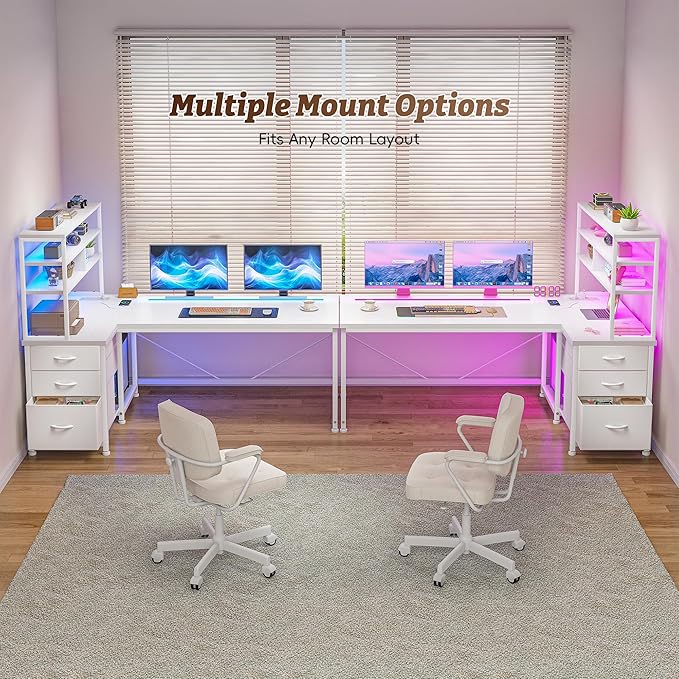 DurayLoly L Shaped Desk Gaming Desk with 3 Silent Fabric Drawers & Shelf, Reversible Corner Desk with Remote LED Lights, Power Charging Station of Home Office Desk,Vanity Desk for Bedroom,White
