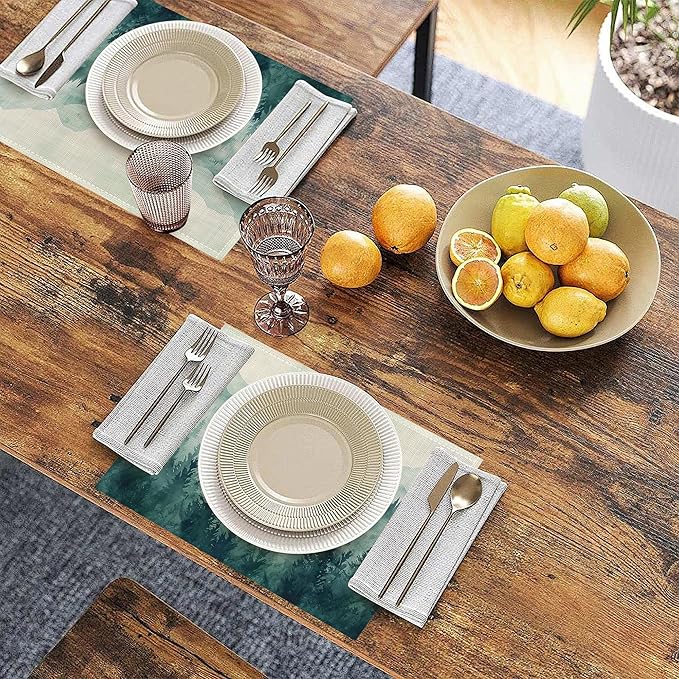Watercolor Forest Landscape Linen Placemats Set of 6, Decorative Table Mats 12x18 Inch, Washable Heat Resistant Placemats for Dining Table Kitchen Home Decor