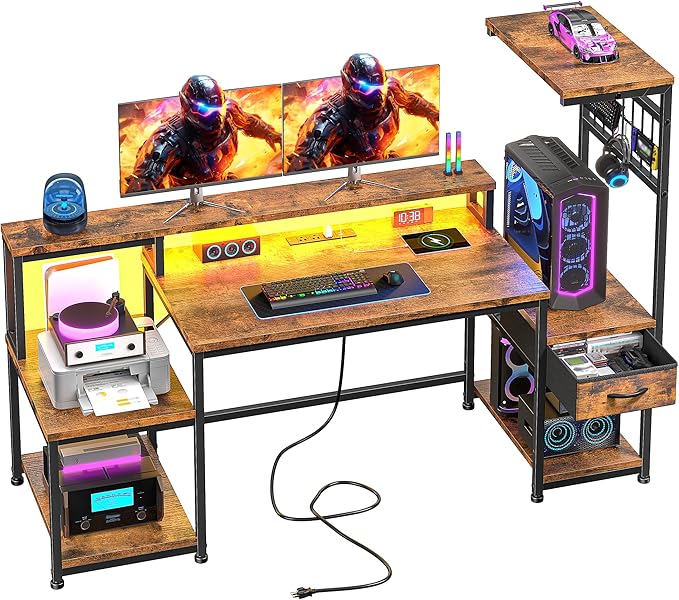 DurayLoly 55" Computer Desk with LED Lights & Outlets,Office Desk with Drawers & Monitor Stand,Gaming Desk with 3 Storage Shelves, Hooks& Printer Space for Game&Study Room,Home Office,Bedroom,Brown