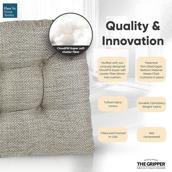 Klear Vu Gripper Overstuffed Universal Non-Slip Dining Chair Cushions for Kitchen Decor or Office Use, U-Shaped Skid-Proof Seat Pad, 15x15 Inches, 2 Count (Pack of 1), Waffle Natural