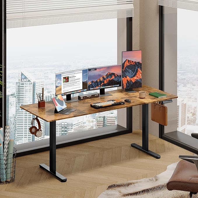 DEVAISE 71 Inch Electric Standing Desk, Adjustable Computer Desk for Home Office, Ergonomic Sit to Stand Desk with LED Touchscreen，Headphone Hook, 3 Memory Preset, with Split Top, Rustic Brown