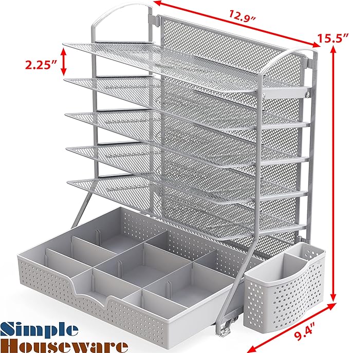 Simple Houseware 6-Tier Desk Document File Tray Organizer with Sliding Drawer, Silver