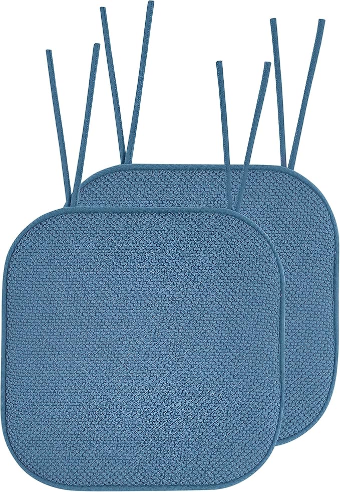 Elegant Comfort 2 Pack Chair Cushion Covers - Skid-Proof Rubber Backing - 16 x 16 Inch - Thick Dining Square Shape Seat Covers - Comfortable Textured Chair Pads with Ties - Honeycomb Pattern, Blue