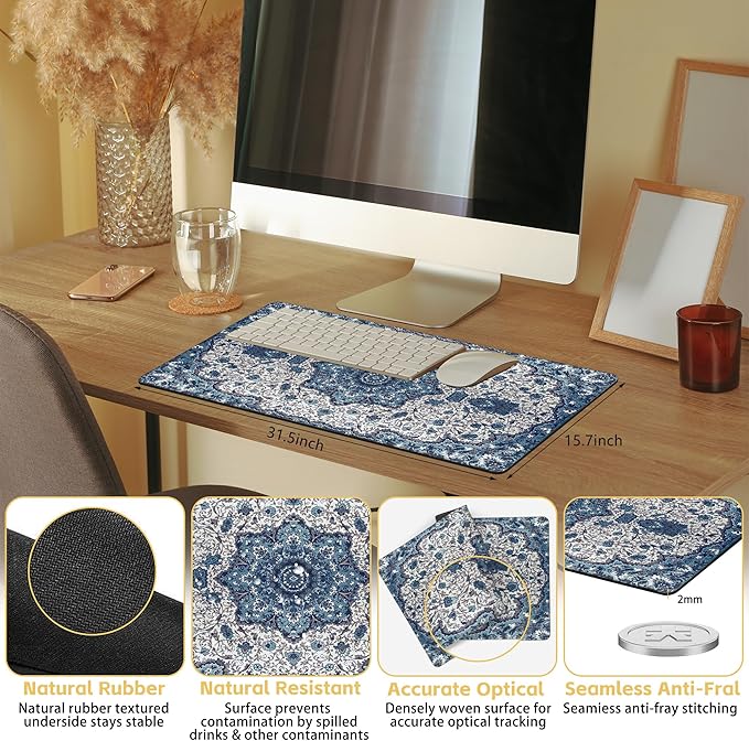 Large Gaming Mouse Pad Blue Boho Rug Texture Desk Mat Mouse Pad Extended XL Mousepad, Large Non-Slip Rubber Base Mousepad with Stitched Edges, Desk Pad for Work Game Office, 31.5 x 15.8 in
