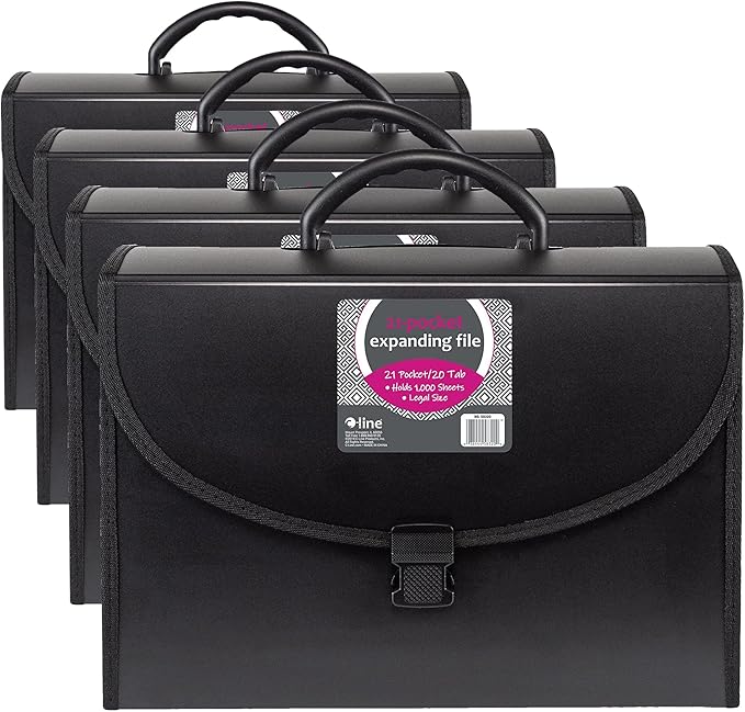 C-Line 21-Pocket Poly Expanding File with Handle, Includes Tabs, Locking Closure, Legal Size, Black (58320), Traditional (Pack of 4)