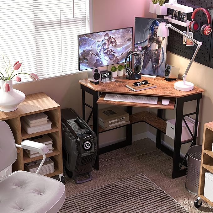 VECELO Corner Desk Computer Desk Writing Table with Smooth Keyboard Tray & Storage Shelves,Compact Home Office Triangle Table,Antique Brown