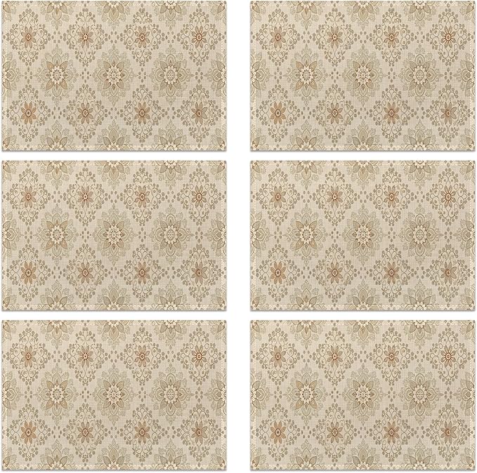 Elegant Beige and Brown Floral Pattern Table Placemats Set of 6, Linen Placemats 12x18 Inch, Washable Non Slip Heat Resistant Mats for Dining Table Kitchen Indoor Use