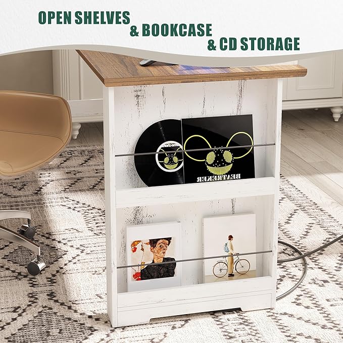 Lareth Executive L Shaped Desk with Monitor Stand, 59 inch Farmhouse Corner Computer Desk with Power Outlets & LED Lights, Home Office Desk with File Cabinet for Working Gaming Writing, White