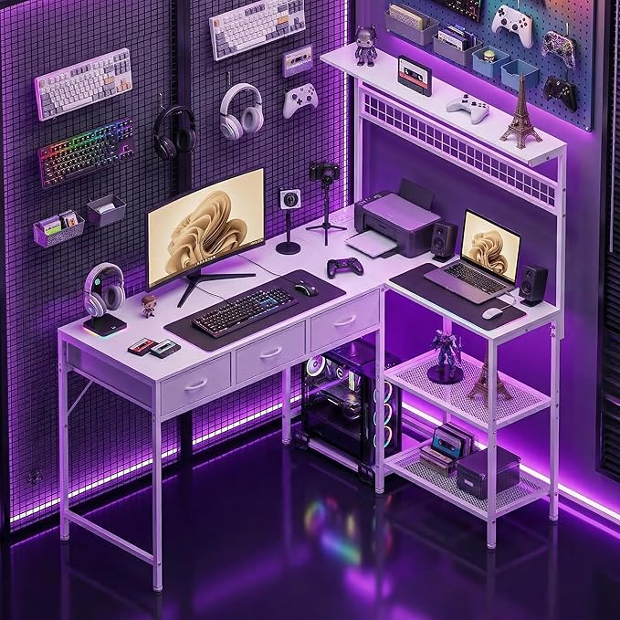 Garvee Computer Desk with 3 Fabric Drawers, 50.4 in l-Desk Display Shelves with Led Light & Power Outlet, PC Table Workstation for Home Office, Gaming Desk for Small Spaces, White