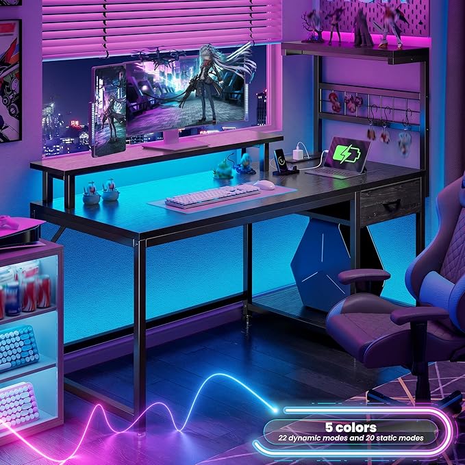 EnHomee 48" Gaming Desk with LED Lights & Power Outlets, Home Office Desk with Monitor Stand, Computer Desk with Drawer & Storage Shelves for Living Room, Study Room, Gaming Room, Black