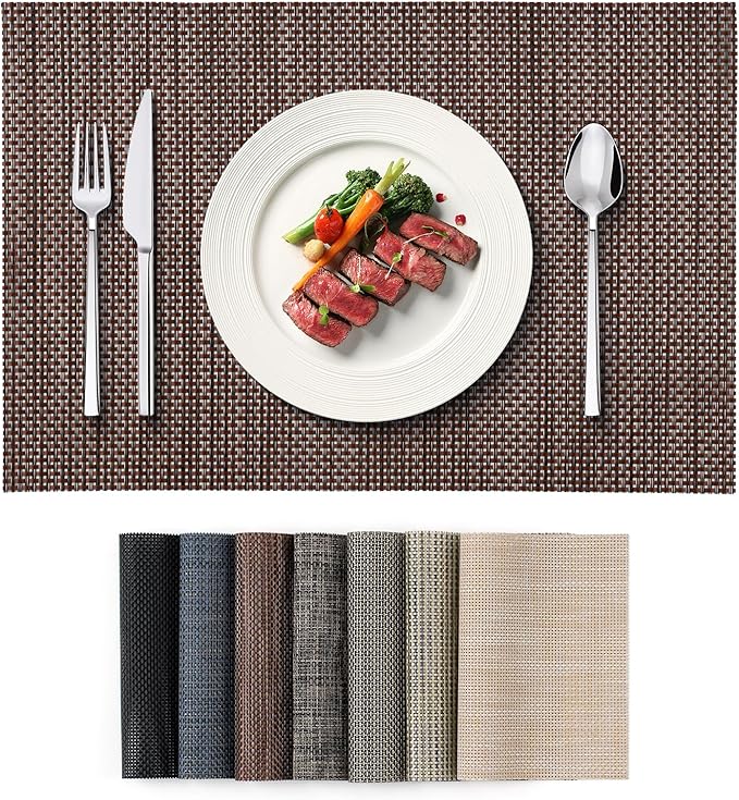 Placemats Set of 4, Heat Resistant Place Mats, Washable PVC Table Mats, Woven Vinyl Plastic Placemats for Dining Table, Non-Slip Stain Resistant Kitchen Table Placemats Easy to Clean?Dark Brown?