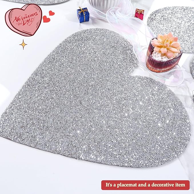 Glitter Heart Placemats Set of 4, Silver Heart Rhinestones 15 Inches Table Mat Decoration Placemat for Centerpiece Dining Table Valentines Day Family Frineds Birthday Gifts