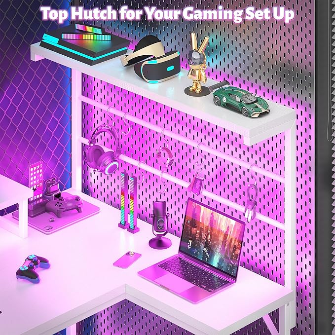 EnHomee 53 inch L Shaped Gaming Desk with LED Lights & Power Outlets, Reversible Corner Desk with Monitor Stand, Computer Desk with Shelf and Drawers for Home Office Writing, Study & Gaming, White