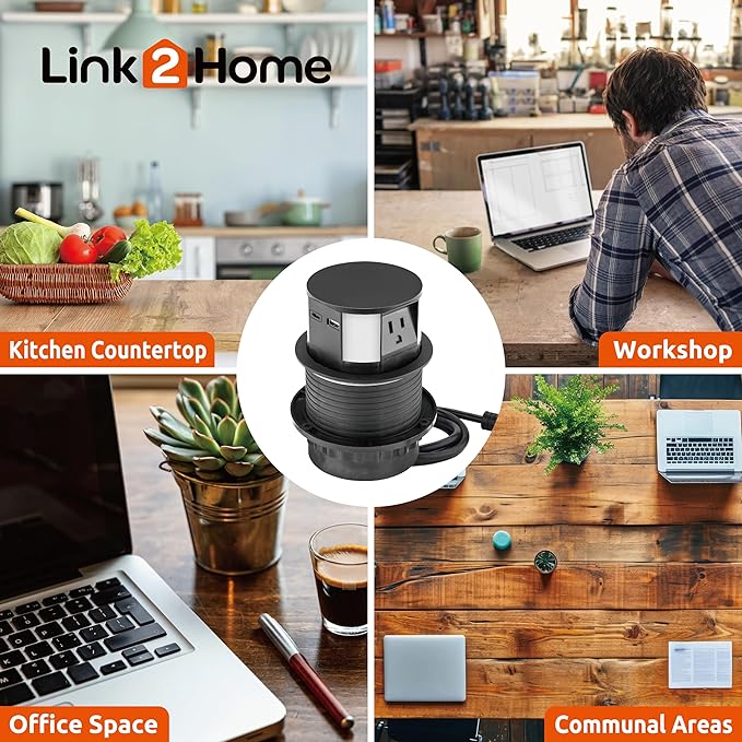 Link2Home Wireless Charging Pop Up Outlet with USB, Space Saver Retractable Power Station with 3 Outlets (15A), 2 USB A/C Ports (3.0A), Splash Resistant for Kitchen Island, Office Desk & Workshop