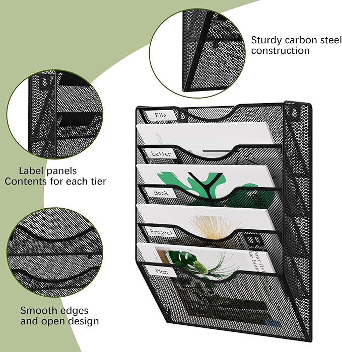EasyPAG Wall File Organizer 5 Tier Hanging Paper Folder Holder, Zero Assembly Metal Mesh Wall Mounted Mail Organizer for Office Home Classroom Narrow Spaces, Black