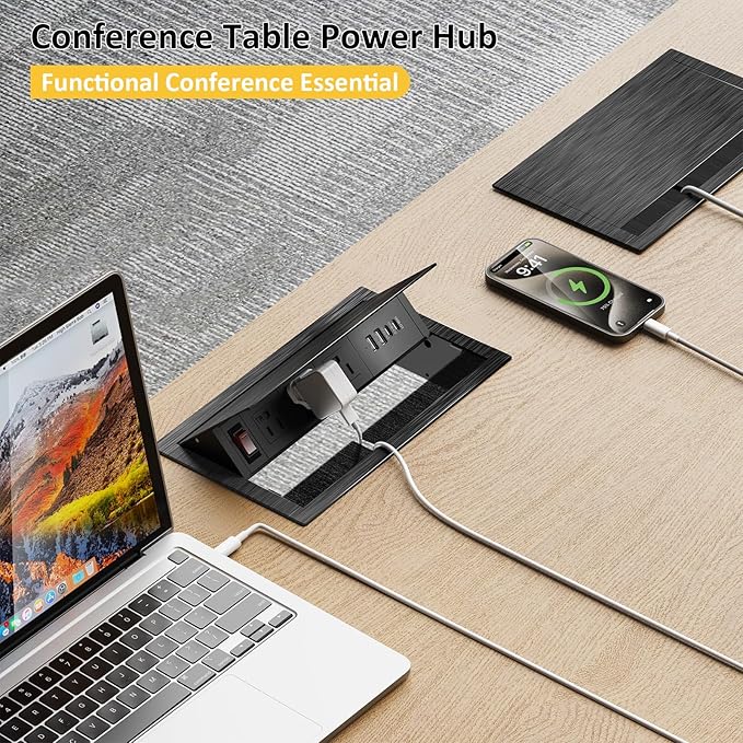 Conference Table Power Hub Outlet, Kungfuking Connectivity Box Rotatable with 30W USB C, 18W USB A, 3 AC Outlets, Heavy Duty Metal Table Top Box for Countertop Office, 6 FT Cord