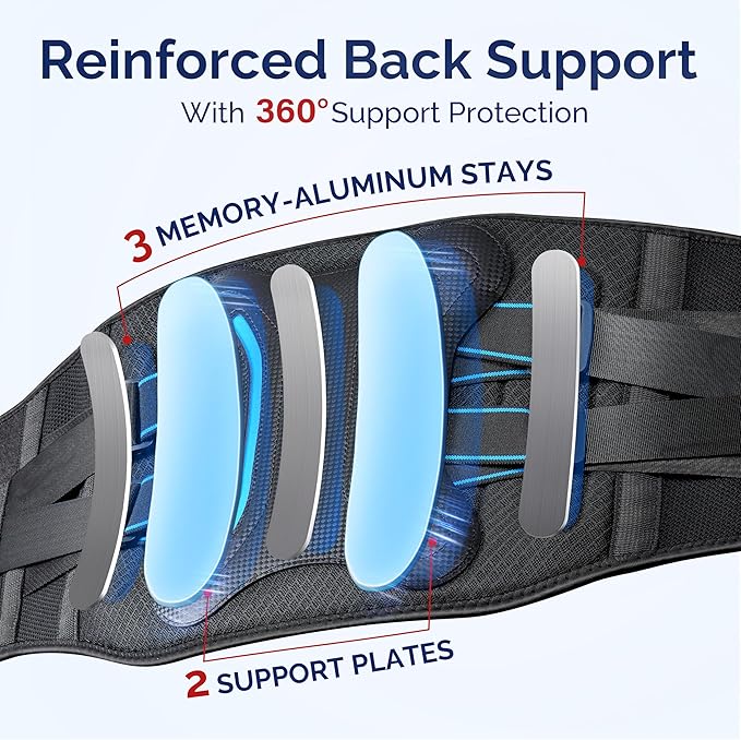 FEATOL Lower Back Brace with 5 Reinforced Stays for Women and Men, Adjustable Snug-Fit Lumbar Support Belt for Work, Size S, Waist 25.6"-28.5"