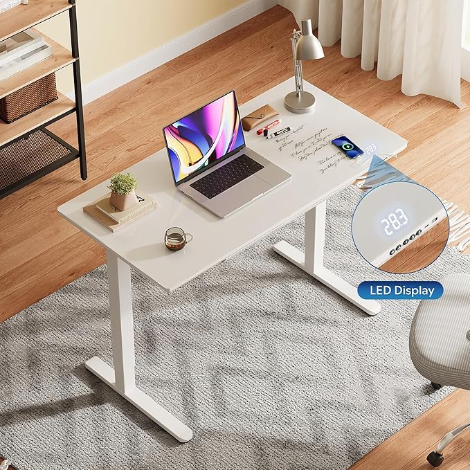 DEVAISE 48 Inch Electric Standing Desk, 3 Adjustable Computer Desk for Home Office, with LED Touchscreen，Headphone Hook, 3 Memory Preset, with One-Piece Glass Desktop, White
