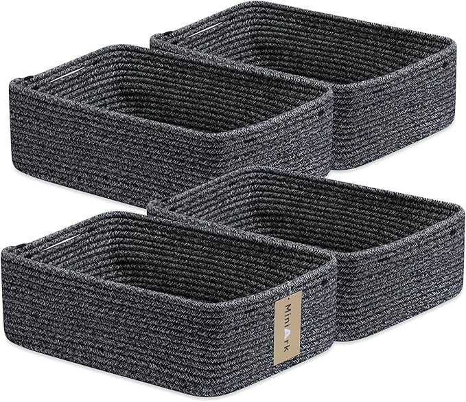 MiniArk Large Shallow Organizing Baskets 15x11x5.1 Inches - Rope Woven Storage Bins for Bathroom, Shelves, Cube Closet, Mixed Black 4 Packs