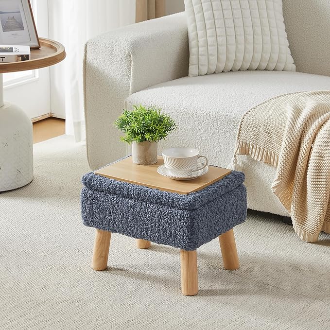 Storage Ottoman, Small Foot Stool Ottoman with Storage, Teddy Velvet Foot Rest with Wood Legs, Footstool for Living Room, Bedroom, Entryway, Blue