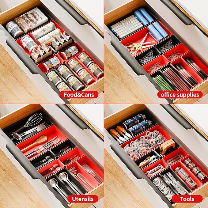 [5 Sizes] [69 PCS] Tool Drawer Organizer, Desk Tray, Rolling Chest, Toolbox (Black+Red)