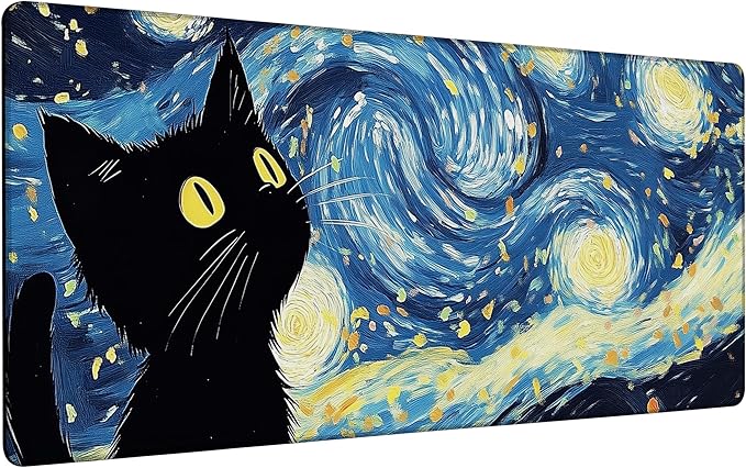 Blue Starry Night Black Cat Mouse Pad,35.4 x 15.7 Inch Large Mouse Mat Non-Slip Rubber Stitched Edges for Writing Desk,Office,Home,Laptop